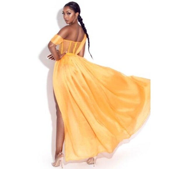 Miss Circle Back In Style Silk Pleated Corset Slit Maxi Dress Yellow XXS NWT - Picture 6 of 15